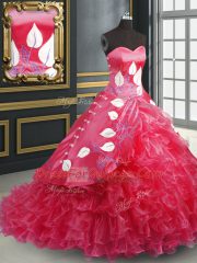 Sweetheart Sleeveless Sweet 16 Dress Brush Train Embroidery and Ruffled Layers Coral Red Organza