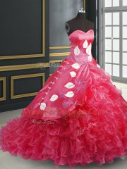 Sweetheart Sleeveless Sweet 16 Dress Brush Train Embroidery and Ruffled Layers Coral Red Organza