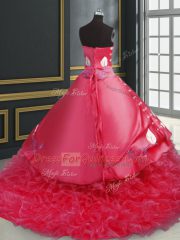 Sweetheart Sleeveless Sweet 16 Dress Brush Train Embroidery and Ruffled Layers Coral Red Organza
