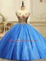 Custom Designed Sleeveless Floor Length Appliques and Sequins Lace Up Quinceanera Gown with Baby Blue