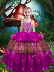Organza Sleeveless Floor Length Kids Formal Wear and Beading and Ruffled Layers