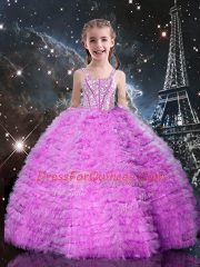 Stylish Floor Length Lace Up Child Pageant Dress Lilac for Quinceanera and Wedding Party with Beading and Ruffled Layers