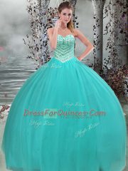 Chic Floor Length Turquoise Vestidos de Quinceanera Tulle Sleeveless Beading