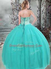 Chic Floor Length Turquoise Vestidos de Quinceanera Tulle Sleeveless Beading