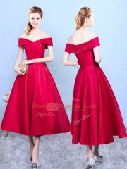 Fine Off The Shoulder Sleeveless Vestidos de Damas Tea Length Appliques Wine Red Taffeta