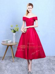 Fine Off The Shoulder Sleeveless Vestidos de Damas Tea Length Appliques Wine Red Taffeta