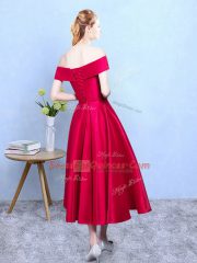 Fine Off The Shoulder Sleeveless Vestidos de Damas Tea Length Appliques Wine Red Taffeta