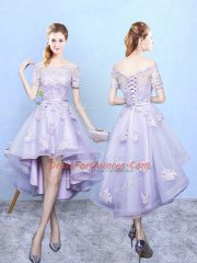 High Low Lavender Vestidos de Damas Off The Shoulder Short Sleeves Lace Up