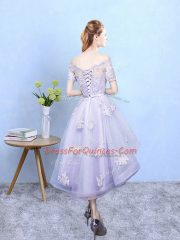High Low Lavender Vestidos de Damas Off The Shoulder Short Sleeves Lace Up