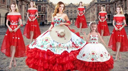 Attractive Red Lace Up 15 Quinceanera Dress Embroidery and Ruffled Layers Sleeveless Floor Length