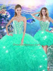 Top Selling Turquoise Organza Lace Up Sweetheart Sleeveless High Low 15 Quinceanera Dress Beading and Ruffles