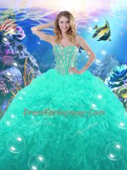 Top Selling Turquoise Organza Lace Up Sweetheart Sleeveless High Low 15 Quinceanera Dress Beading and Ruffles