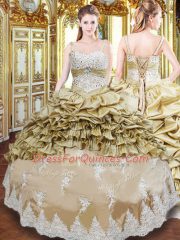 Dramatic Champagne Ball Gowns Taffeta Straps Sleeveless Beading and Appliques and Ruffled Layers and Pick Ups Floor Length Lace Up 15th Birthday Dress