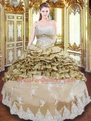 Dramatic Champagne Ball Gowns Taffeta Straps Sleeveless Beading and Appliques and Ruffled Layers and Pick Ups Floor Length Lace Up 15th Birthday Dress