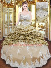 Dramatic Champagne Ball Gowns Taffeta Straps Sleeveless Beading and Appliques and Ruffled Layers and Pick Ups Floor Length Lace Up 15th Birthday Dress