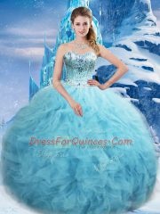 Graceful Aqua Blue Tulle Lace Up Sweet 16 Quinceanera Dress Sleeveless Floor Length Beading and Pick Ups