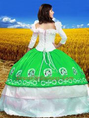 Green Quinceanera Dress Military Ball and Sweet 16 and Quinceanera with Embroidery Off The Shoulder 3 4 Length Sleeve Lace Up