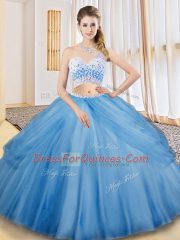 Baby Blue Tulle Criss Cross Quince Ball Gowns Sleeveless Floor Length Beading and Ruching and Pick Ups