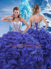 Colorful Blue Lace Up Sweetheart Beading and Ruffles Sweet 16 Quinceanera Dress Organza Sleeveless