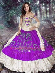 Off The Shoulder Sleeveless Quinceanera Dresses Floor Length Embroidery and Ruffled Layers Eggplant Purple Taffeta