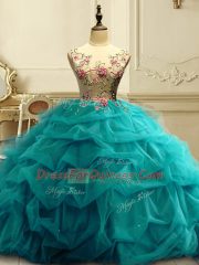 Scoop Sleeveless Lace Up Ball Gown Prom Dress Teal Organza