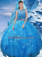 Beading and Ruffles Quinceanera Gown Baby Blue Zipper Sleeveless Floor Length