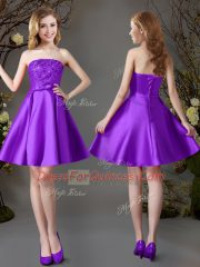 Strapless Sleeveless Lace Up Court Dresses for Sweet 16 Eggplant Purple Satin