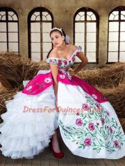 Ideal Off The Shoulder Sleeveless Vestidos de Quinceanera Floor Length Embroidery and Ruffled Layers Multi-color Chiffon