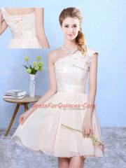 Eye-catching Knee Length Lace Up Court Dresses for Sweet 16 Champagne for Wedding Party with Appliques