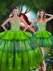 Fancy Floor Length Lace Up 15 Quinceanera Dress Olive Green for Military Ball and Sweet 16 and Quinceanera with Beading and Ruffled Layers