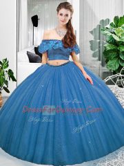 Floor Length Blue 15 Quinceanera Dress Off The Shoulder Sleeveless Lace Up