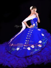 Decent Royal Blue Sleeveless Organza Brush Train Lace Up Ball Gown Prom Dress for Military Ball and Sweet 16 and Quinceanera