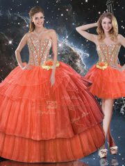 Floor Length Lace Up Sweet 16 Dress Rust Red for Military Ball and Sweet 16 and Quinceanera with Ruffled Layers and Sequins