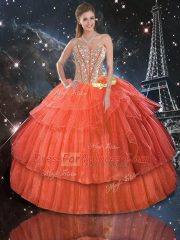 Floor Length Lace Up Sweet 16 Dress Rust Red for Military Ball and Sweet 16 and Quinceanera with Ruffled Layers and Sequins