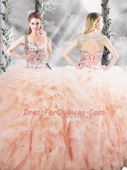 Dazzling Peach Straps Lace Up Beading and Ruffles Quinceanera Gown Sleeveless