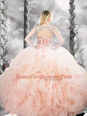 Dazzling Peach Straps Lace Up Beading and Ruffles Quinceanera Gown Sleeveless