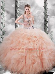 Dazzling Peach Straps Lace Up Beading and Ruffles Quinceanera Gown Sleeveless