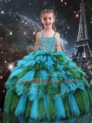 Low Price Teal Tulle Lace Up Straps Sleeveless Floor Length Little Girl Pageant Dress Beading and Ruffles