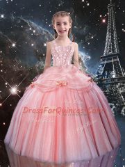 Perfect Rose Pink Little Girls Pageant Dress Wholesale Quinceanera and Wedding Party with Beading Straps Sleeveless Lace Up