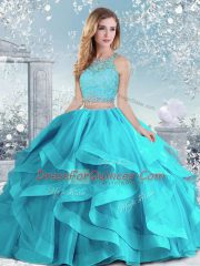 Inexpensive Floor Length Aqua Blue Vestidos de Quinceanera Organza Sleeveless Beading and Ruffles