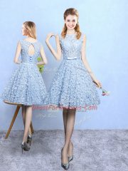 New Arrival Scoop Sleeveless Lace Up Dama Dress for Quinceanera Light Blue Printed