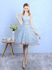 New Arrival Scoop Sleeveless Lace Up Dama Dress for Quinceanera Light Blue Printed