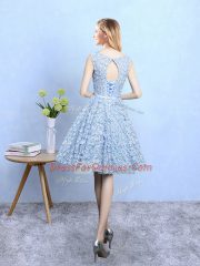 New Arrival Scoop Sleeveless Lace Up Dama Dress for Quinceanera Light Blue Printed