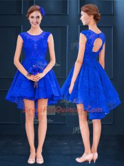 Customized A-line Vestidos de Damas Royal Blue Scoop Satin and Lace Sleeveless High Low Lace Up