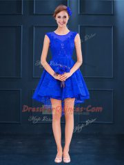 Customized A-line Vestidos de Damas Royal Blue Scoop Satin and Lace Sleeveless High Low Lace Up