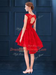 Customized A-line Vestidos de Damas Royal Blue Scoop Satin and Lace Sleeveless High Low Lace Up