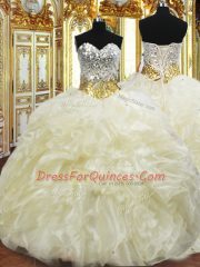 Amazing Ball Gowns Quince Ball Gowns Light Yellow Sweetheart Organza Sleeveless Floor Length Lace Up