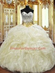 Amazing Ball Gowns Quince Ball Gowns Light Yellow Sweetheart Organza Sleeveless Floor Length Lace Up