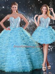 Extravagant Floor Length Aqua Blue Vestidos de Quinceanera Tulle Sleeveless Beading and Ruffled Layers