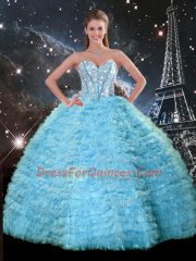 Extravagant Floor Length Aqua Blue Vestidos de Quinceanera Tulle Sleeveless Beading and Ruffled Layers